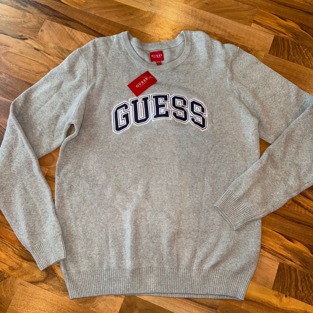GUESS Los Angeles Mens Crew Neck Sweater Grey College Logo Light‎ Heather L NWT